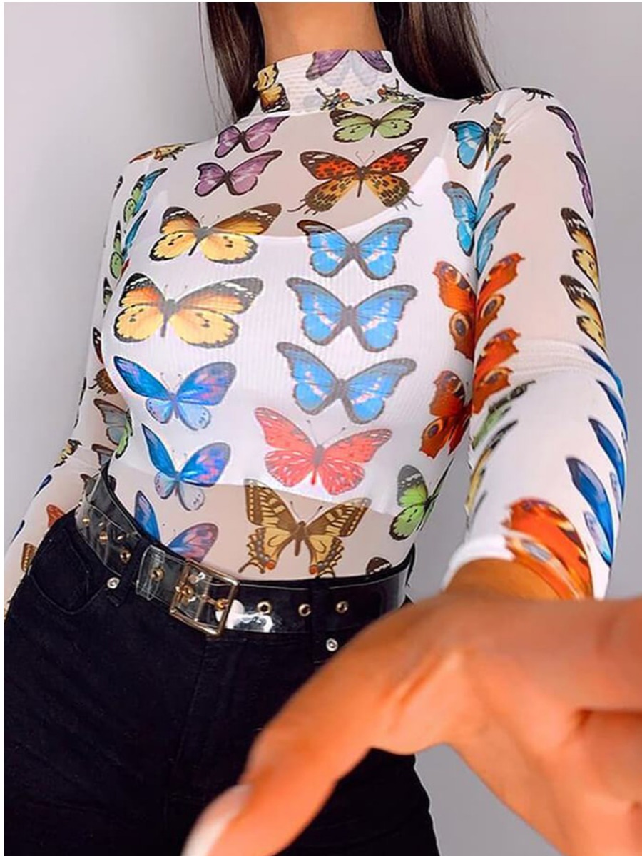 

lovely Sexy Butterfly Print See-through White Bodysuit