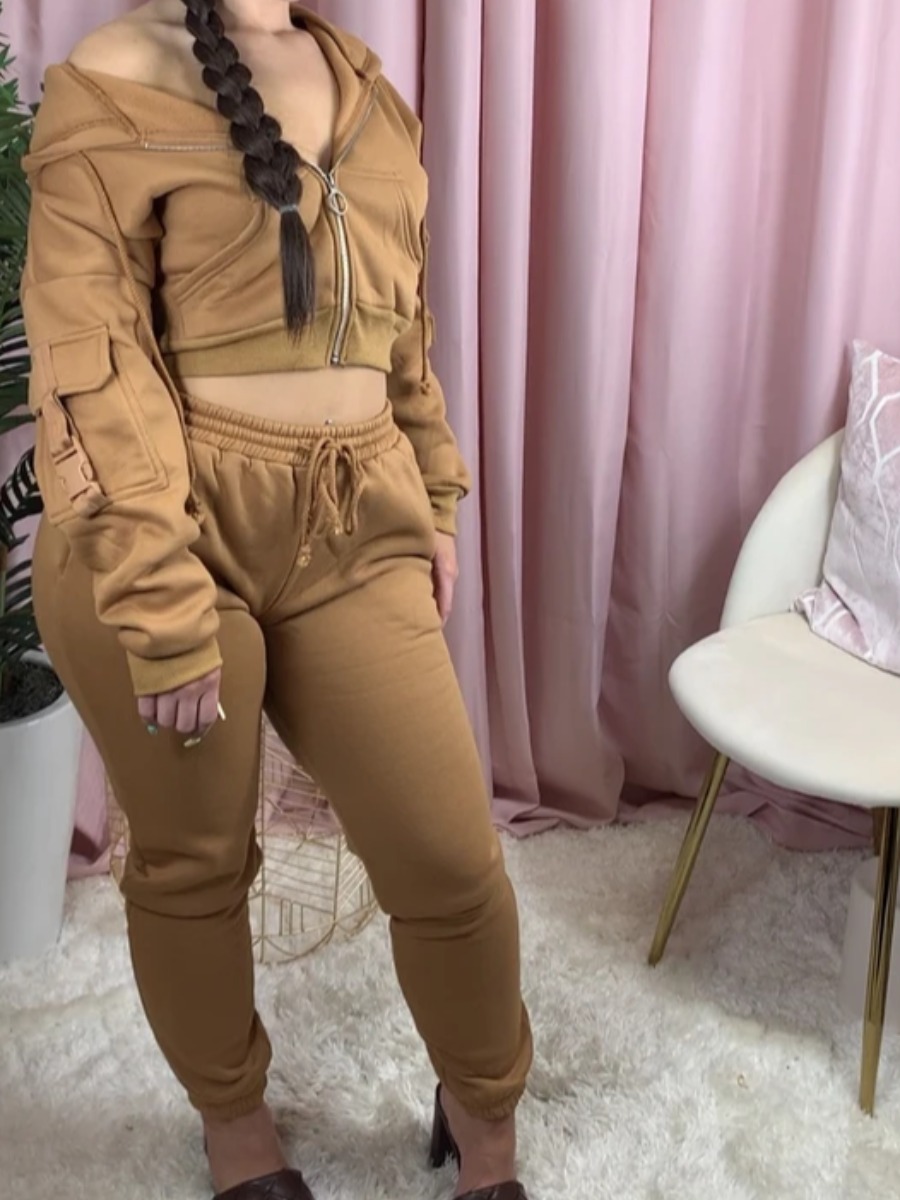 

Lovely Street Hooded Collar Zipper Design Khaki Two Piece Pants Set