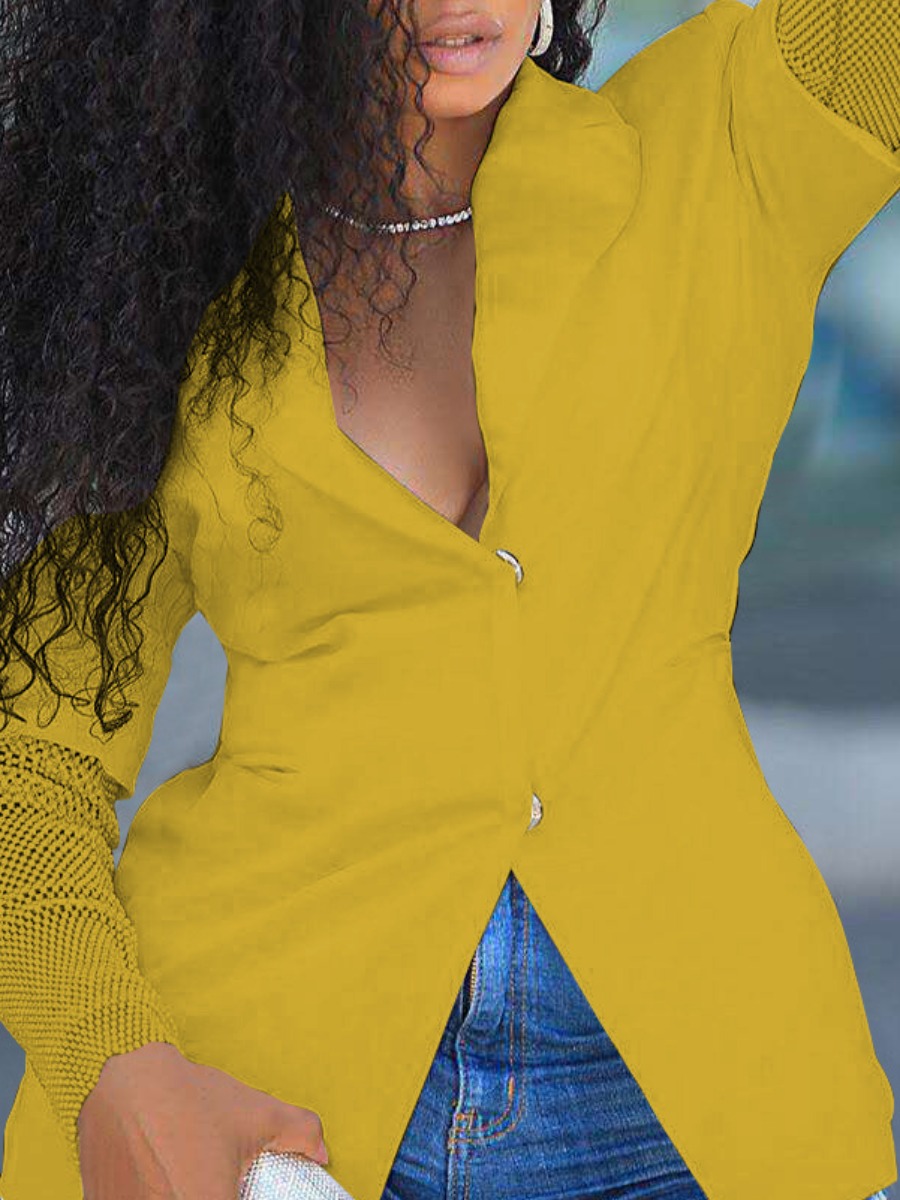 

lovely Trendy Turn-back Collar Buttons Design Yellow Blazer