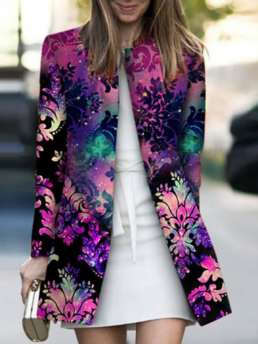 

lovely Trendy Plants Print Multicolor Coat, Multi