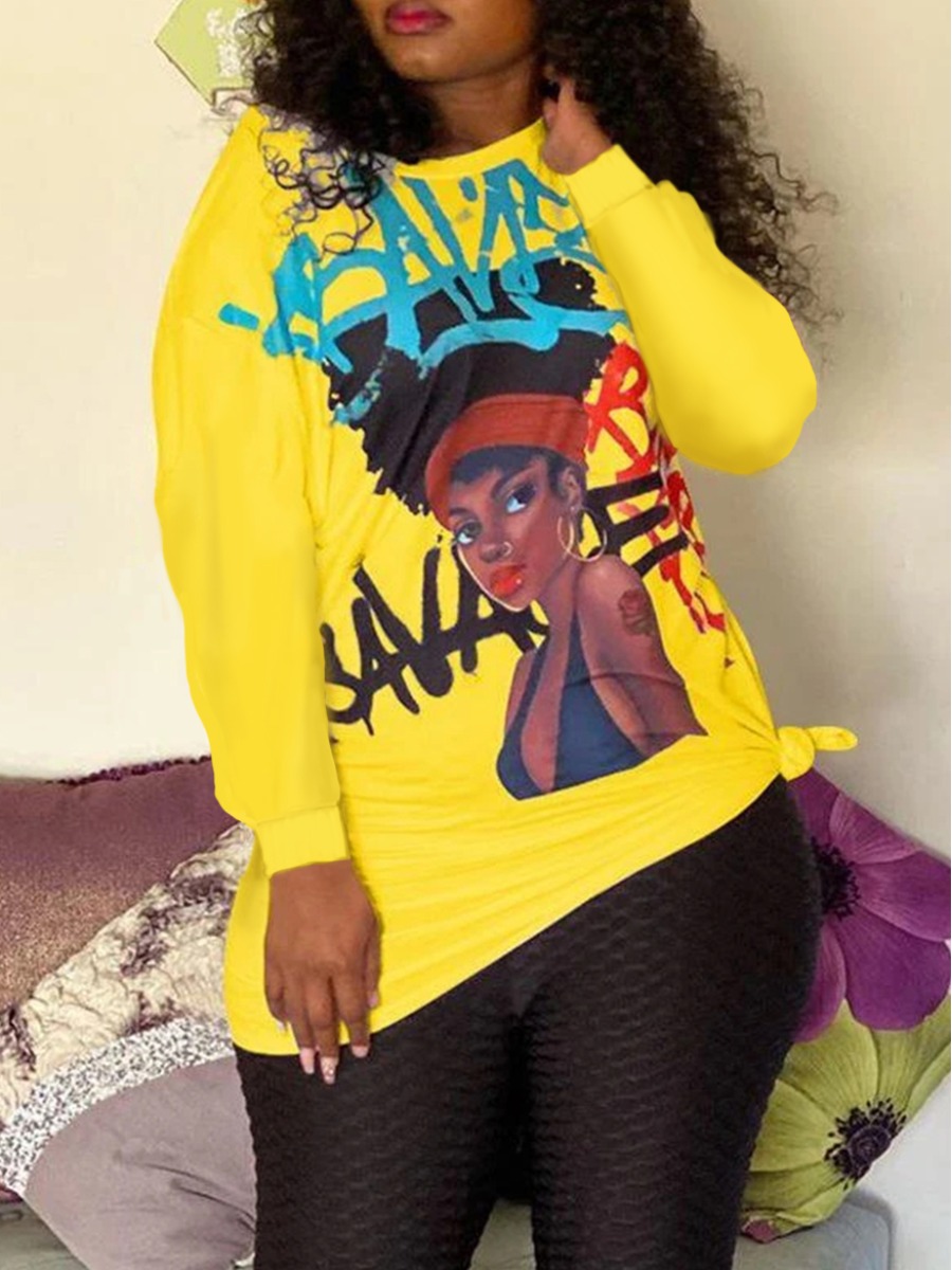 

Lovely Casual O Neck Print Yellow Hoodie