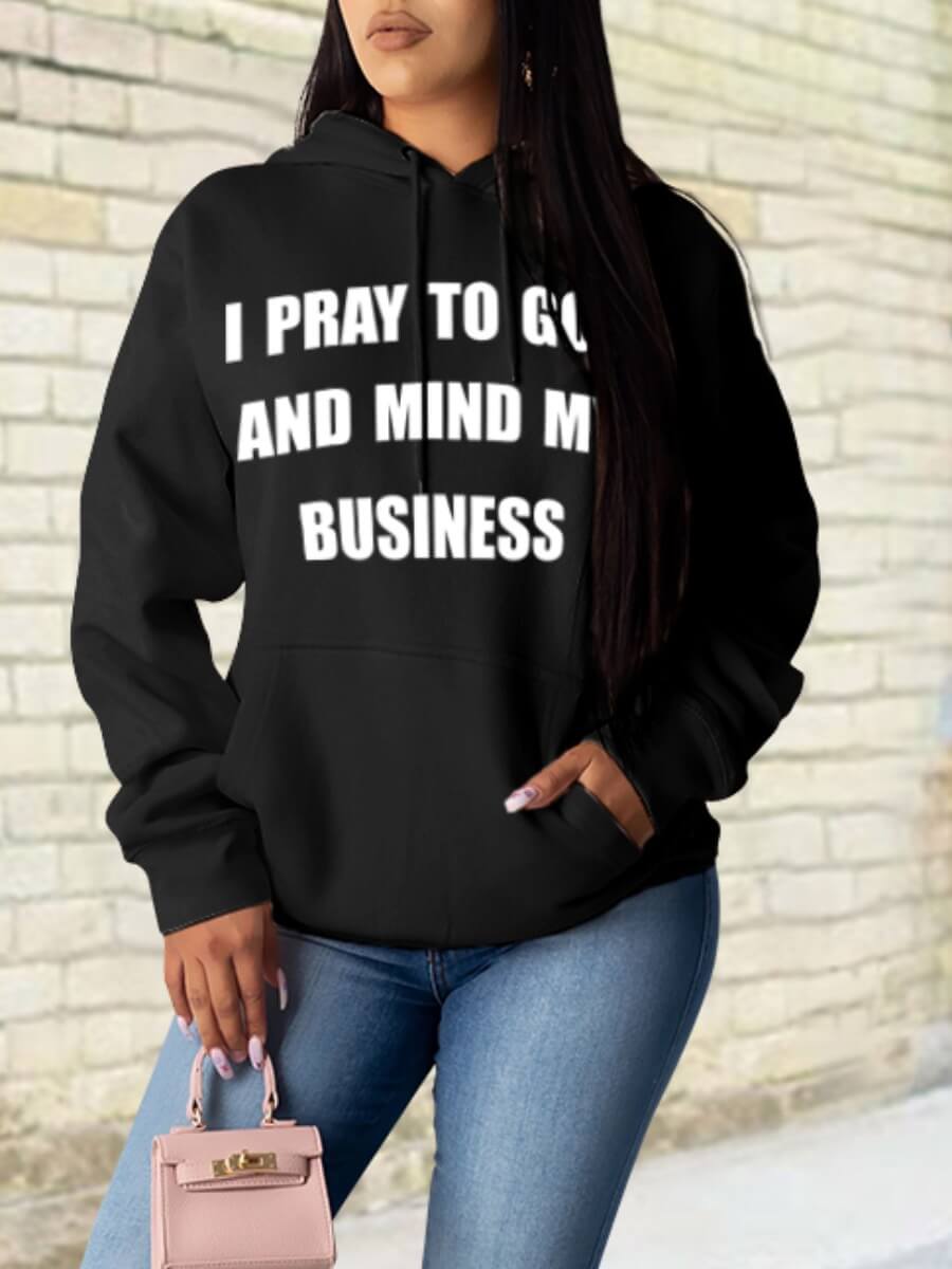 

LW Letter Print Kangaroo Pocket Hoodie, Black