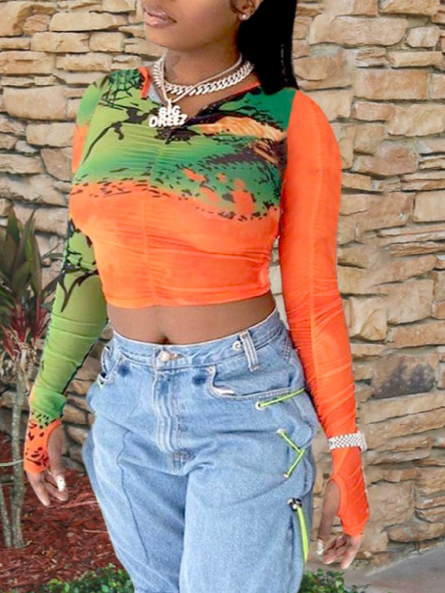 

Lovely Trendy V Neck Print Orange T-shirt