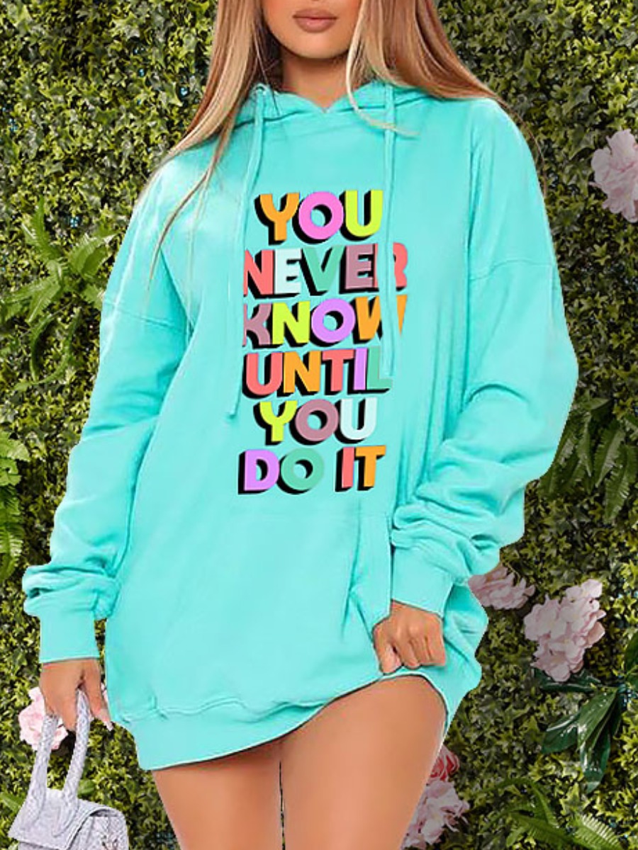 

lovely Casual Hooded Collar Letter Print Skyblue Mini Dress