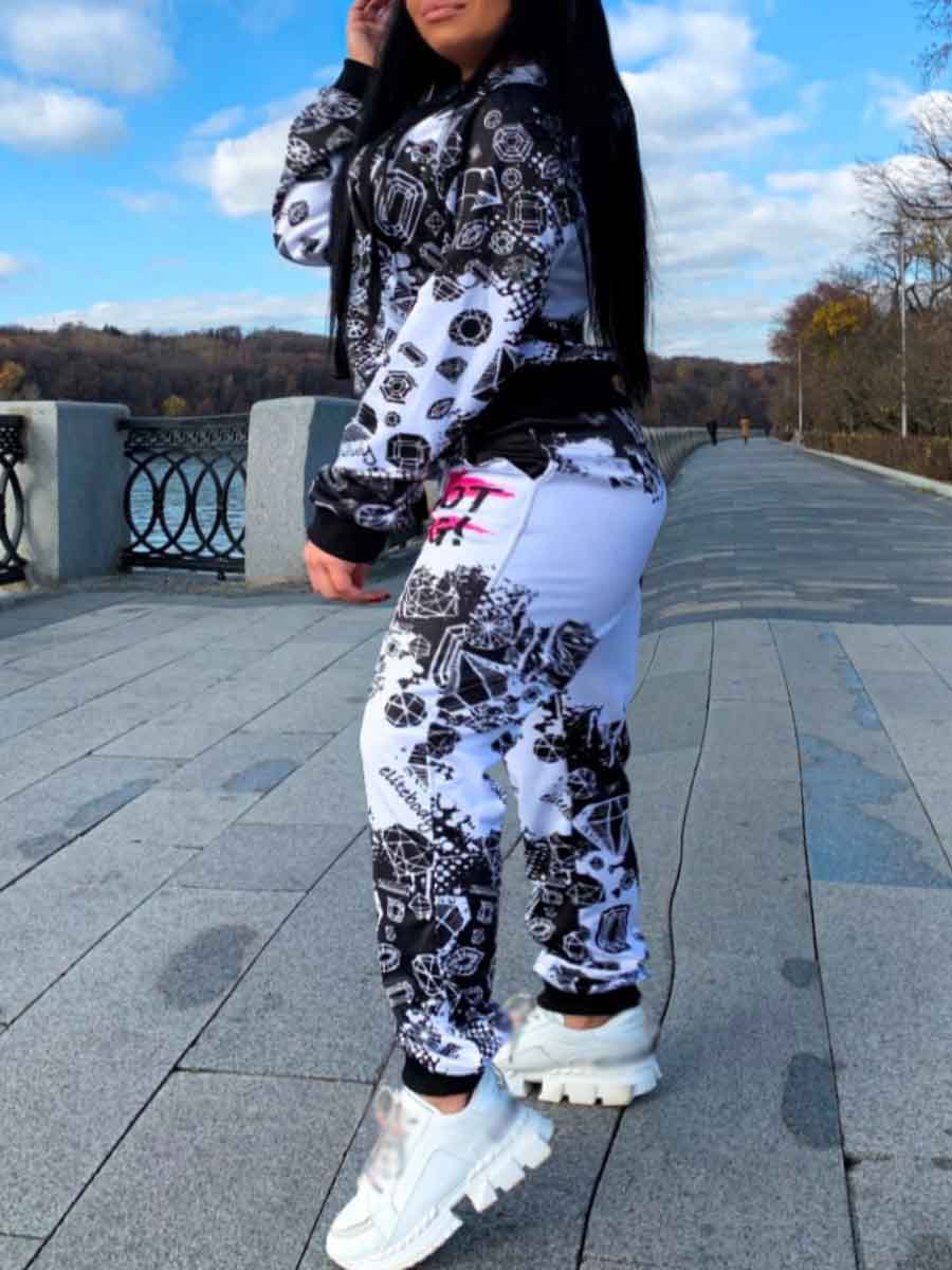 

Lovely Sportswear Hooded Collar Print White Two Piece Pants Set