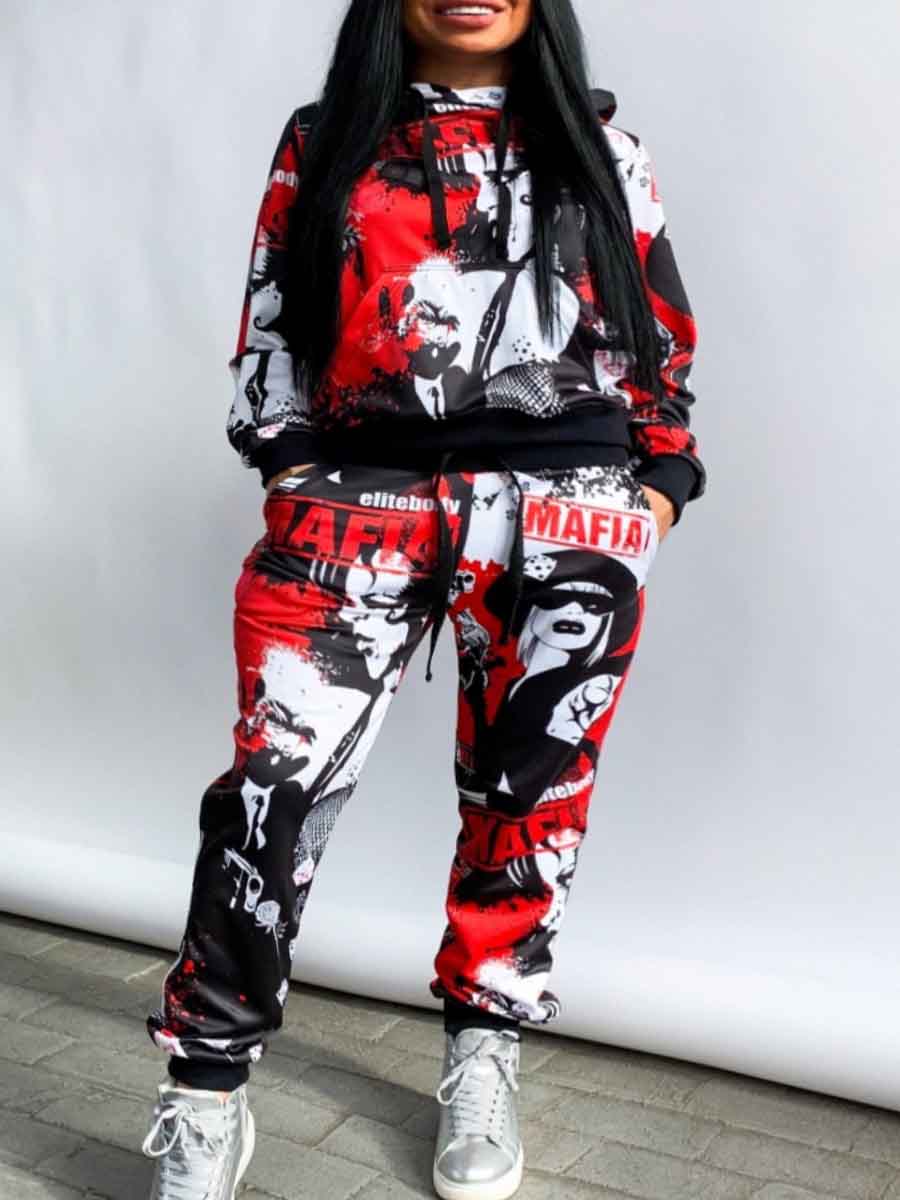 

Lovely Sportswear Hooded Collar Print Red Two Piece Pants Set