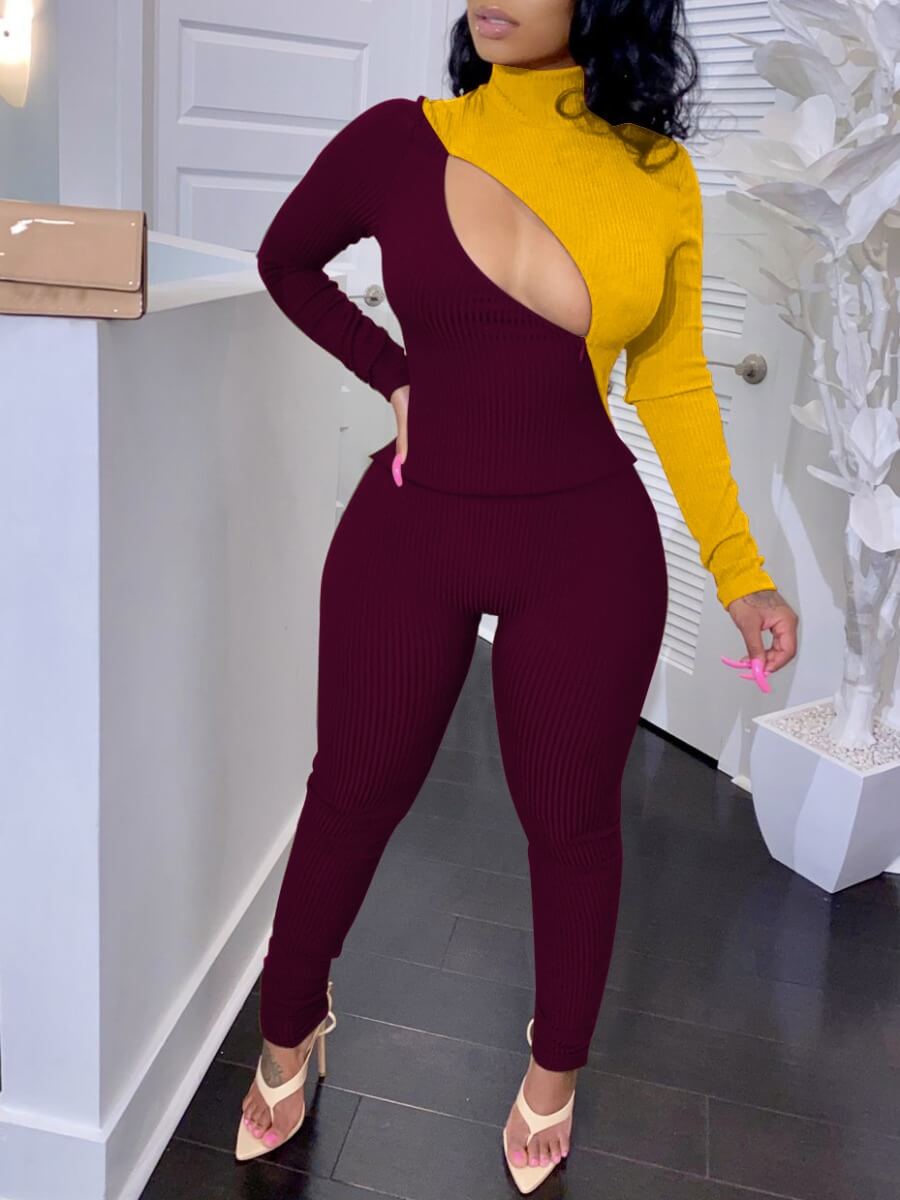 

Lovely Trendy Turtleneck Patchwork Zipper Design Wine Red Two Piece Pants Set
