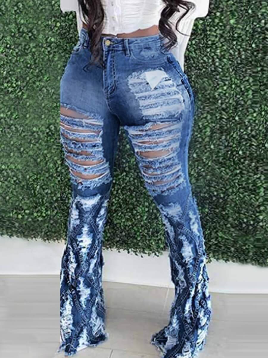 

Lovely Street Broken Holes Patchwork Blue Jeans