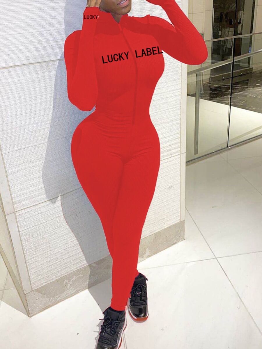 

Lovely Sportswear Letter Zipper Design Red One-piece Jumpsuit