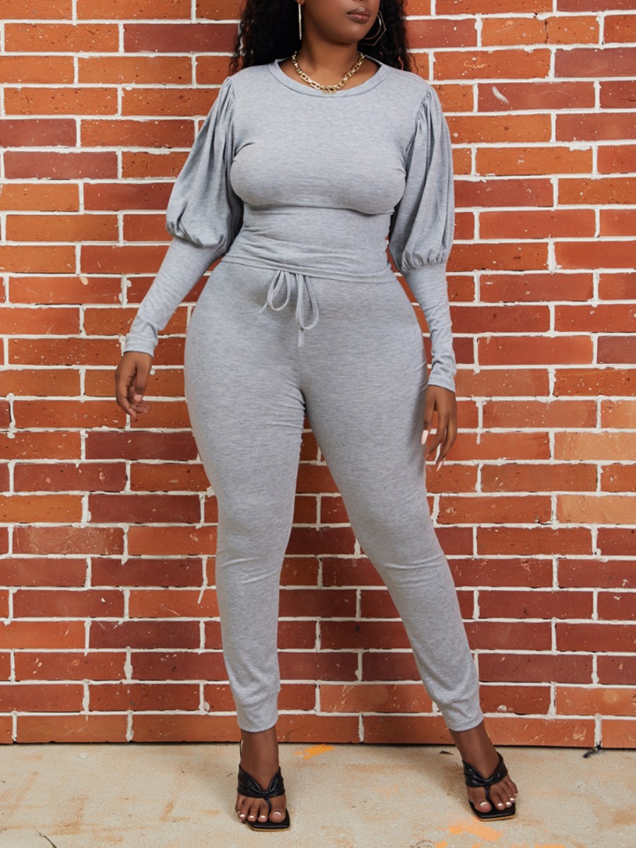 

lovely Leisure Puffed Sleeves Drawstring Grey Two Piece Pants Set