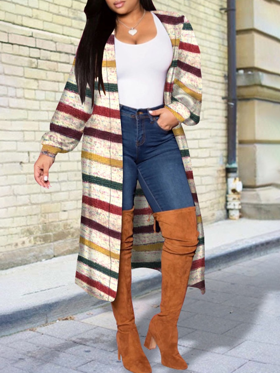 

Lovely Trendy Rainbow Striped Beige Long Cardigan