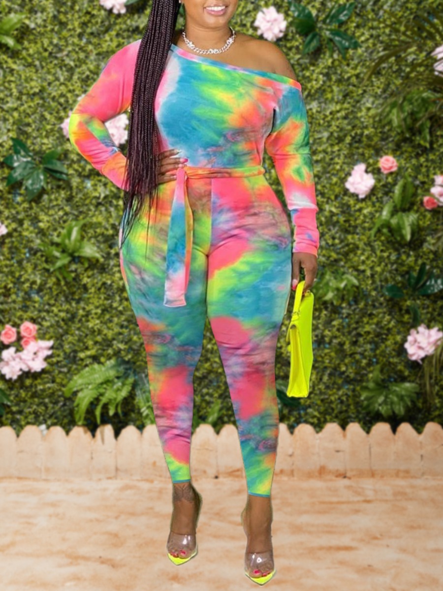 

LW Stylish Lace-up Tie-dye Blue One-piece Jumpsuit