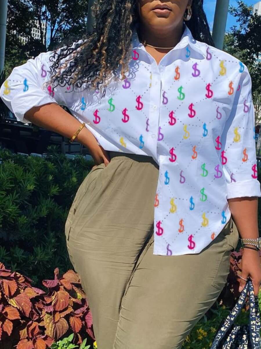 

Lovely Street Turndown Collar Print White Blouse
