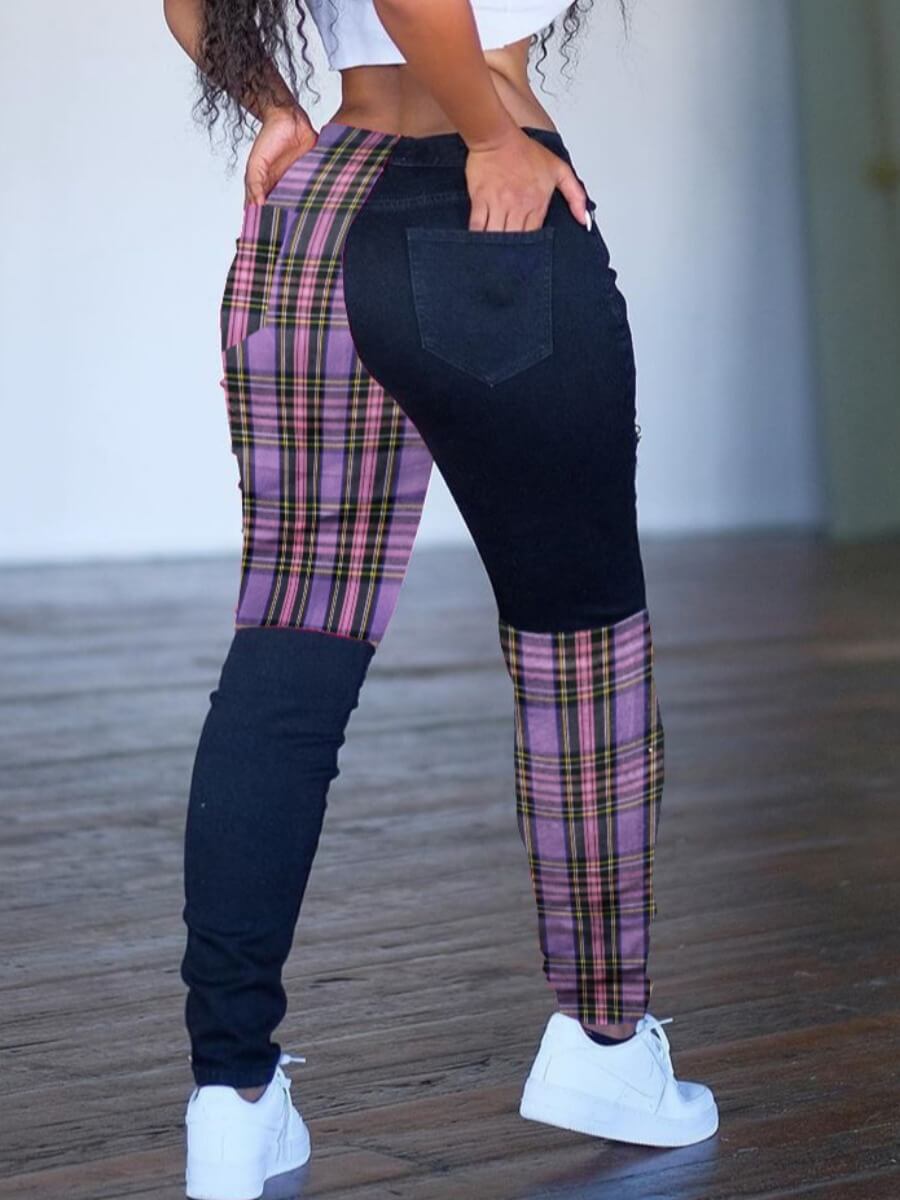 

Lovely Trendy Grid Print Patchwork Purple Pants