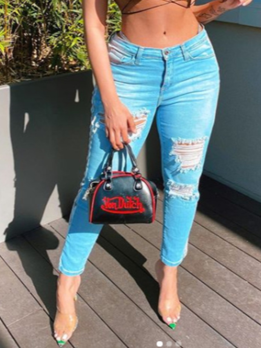 

lovely Street Broken Holes Baby Blue Jeans