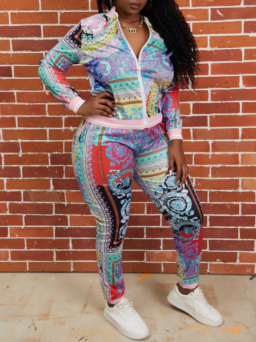 

lovely Sportswear Print Zipper Design Multicolor Two Piece Pants Set, Multi