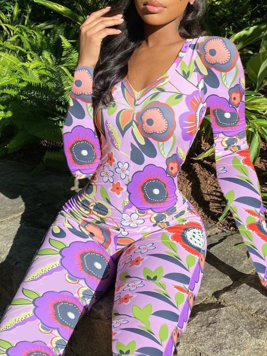 

lovely Leisure Plants Print Purple One-piece Jumpsuit