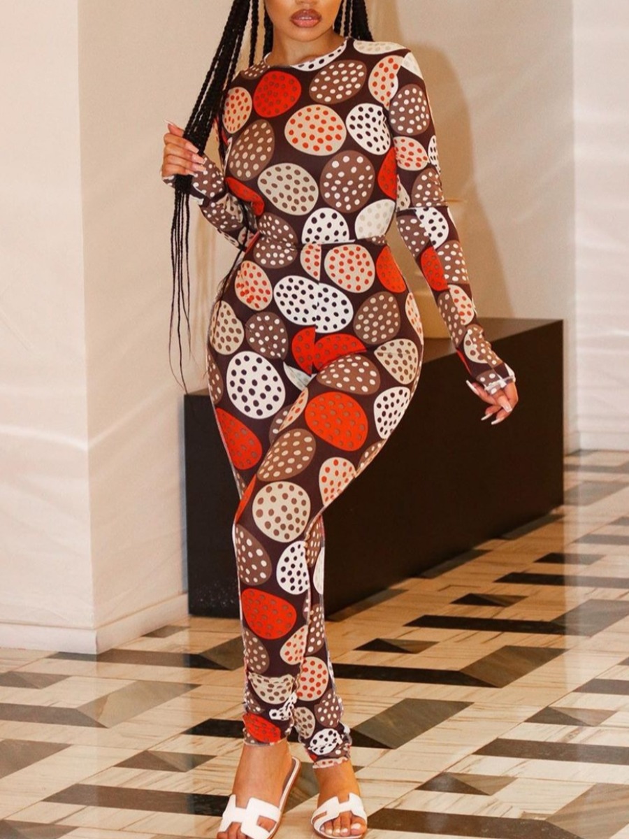 

lovely Trendy O Neck Print Coffee One-piece Jumpsuit