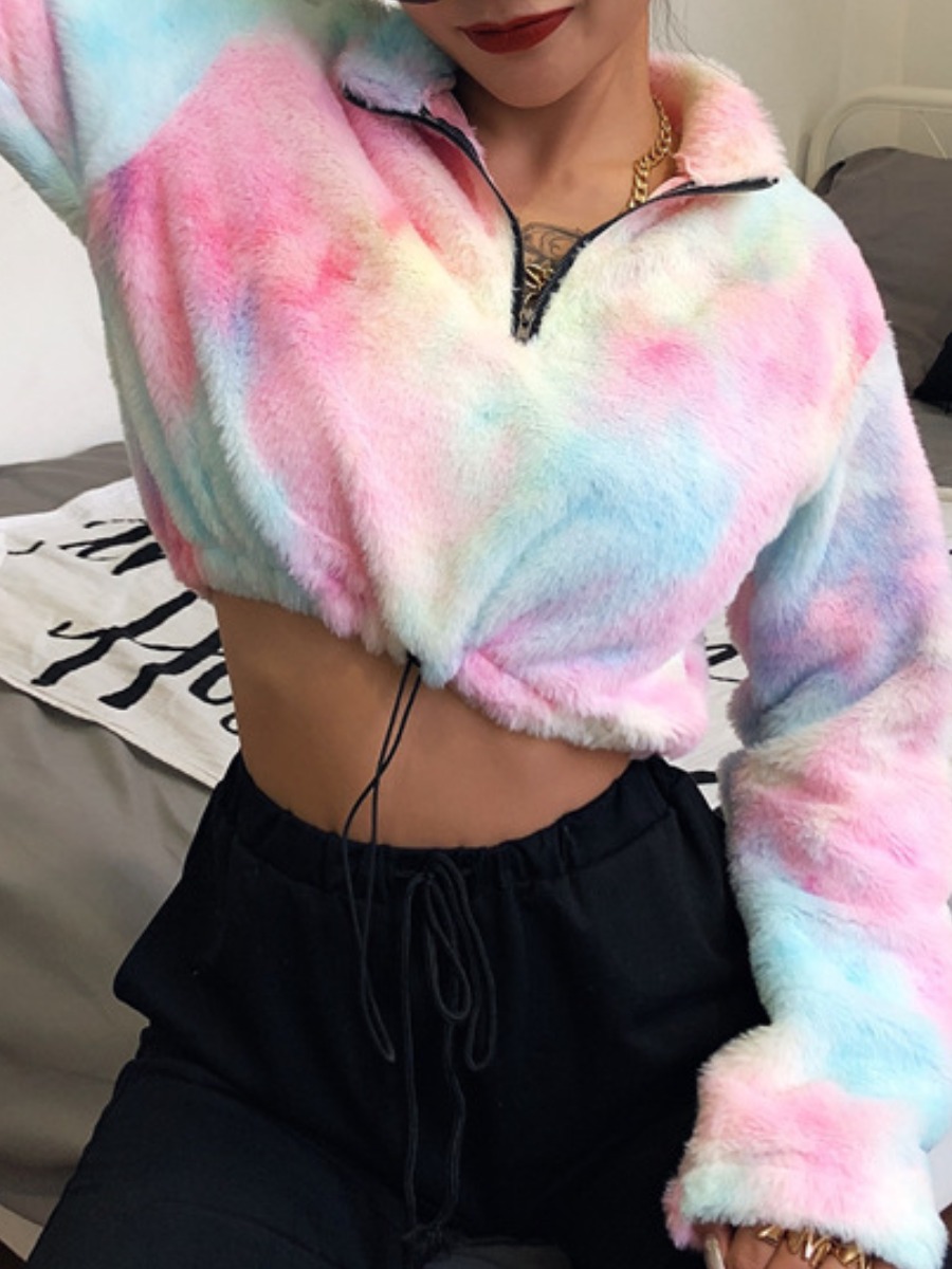 

lovely Trendy Turndown Collar Tie-dye Multicolor Short Hoodie, Multi