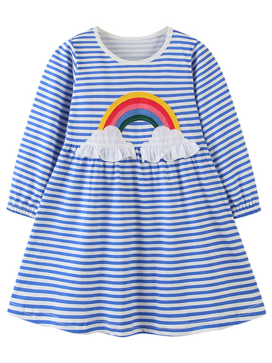 

Lovely Sweet O Neck Striped Blue Girl Knee Length Dress, Blue stripe