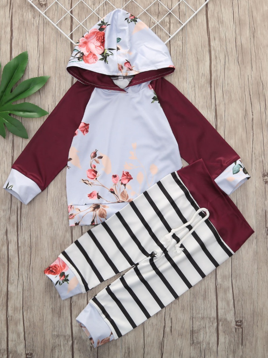 

lovely Stylish Hooded Collar Striped Print Multicolor Girl Two-piece Pants Set, Multicolor mstn