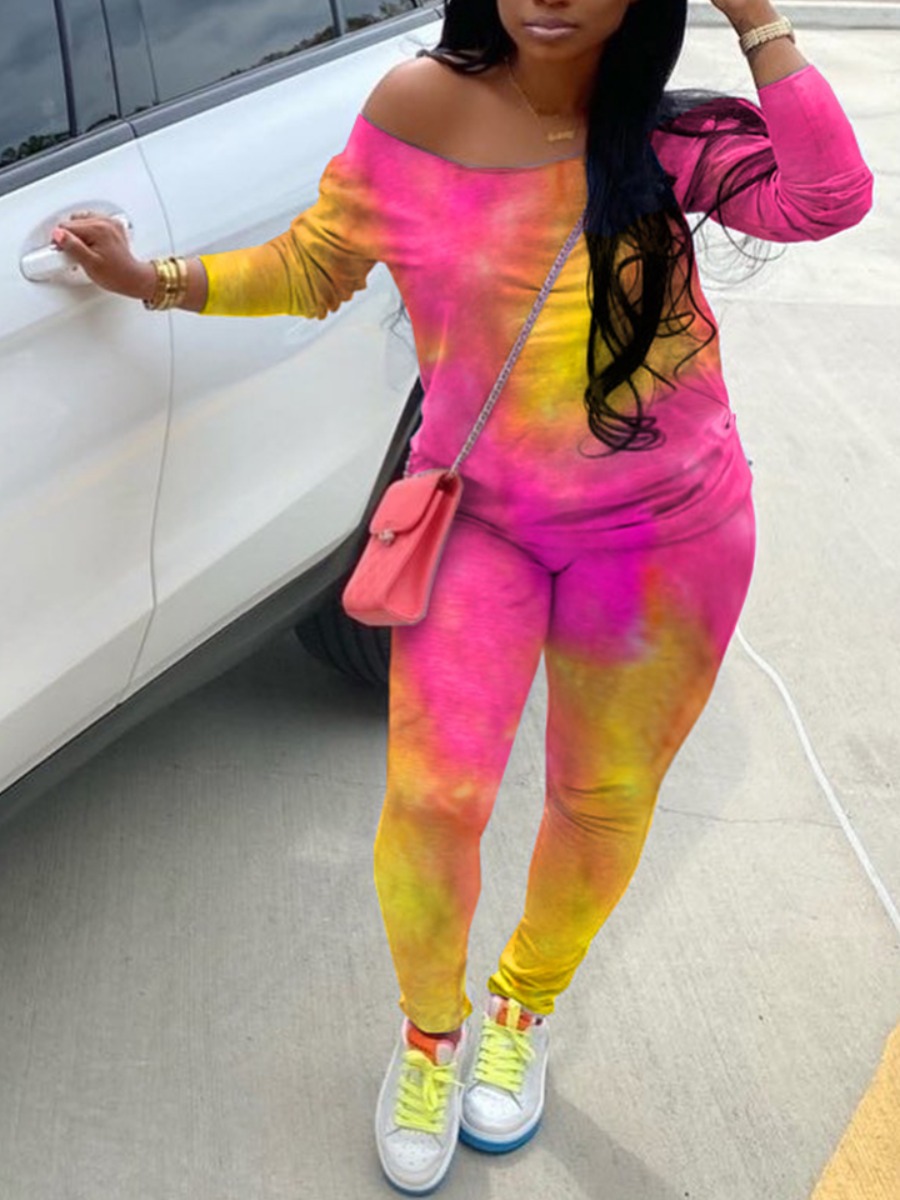 

lovely Casual Tie-dye Rose Red Plus Size Two-piece Pants Set