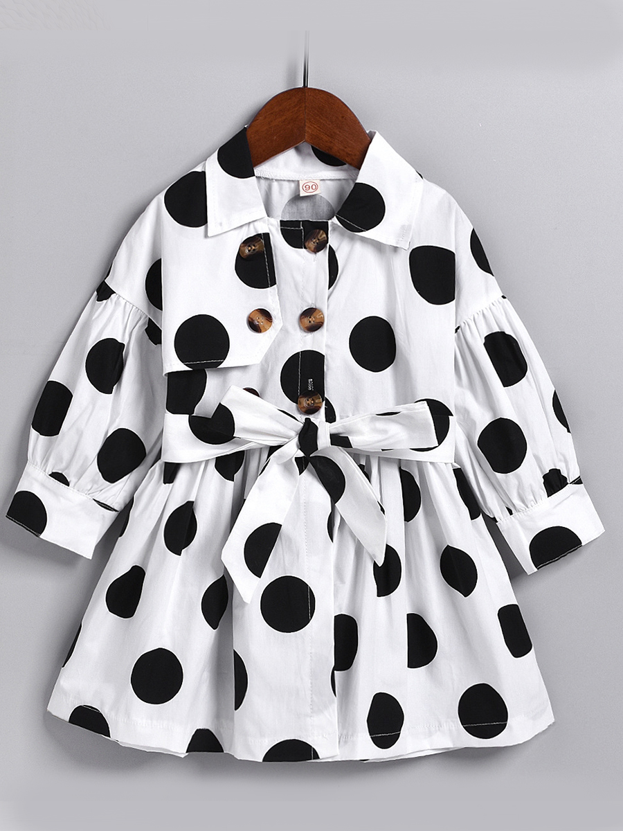 

Lovely Stylish Turndown Collar Dot Print Black Girl Knee Length Dress, Black dot