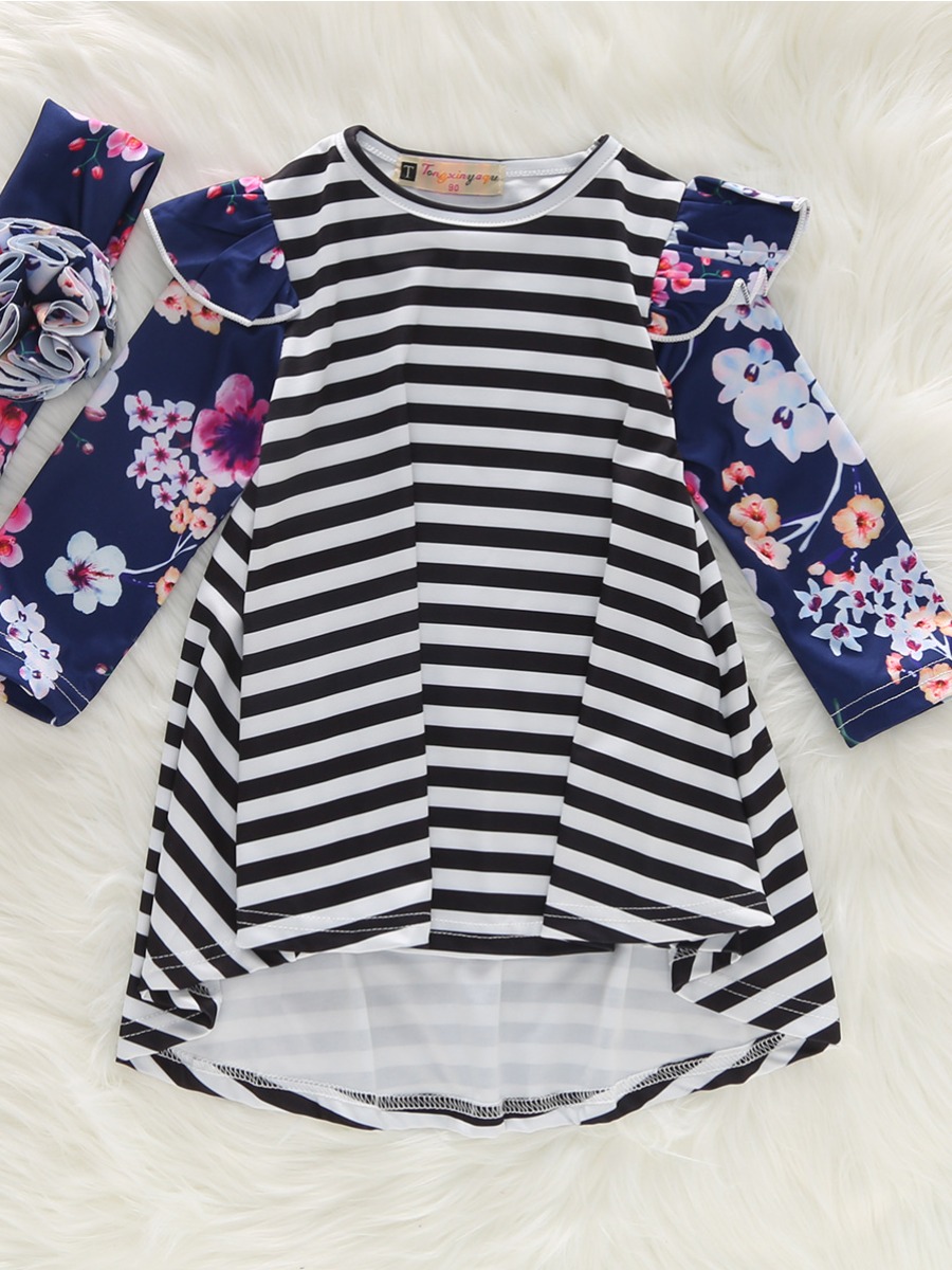 

Lovely Leisure O Neck Striped Black Girl Knee Length Dress, Black stripe