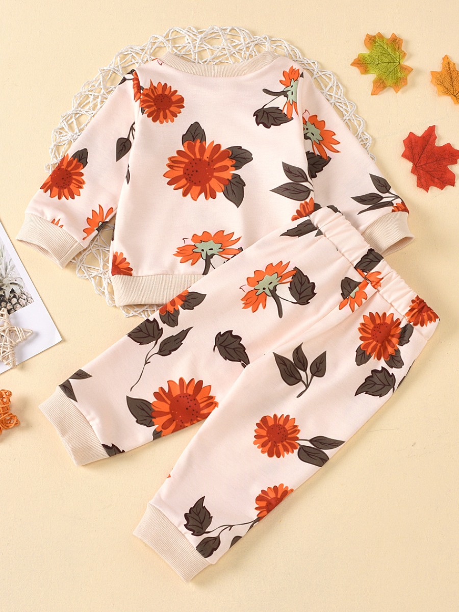 

lovely Sweet O Neck Plants Print Beige Girl Two-piece Pants Set