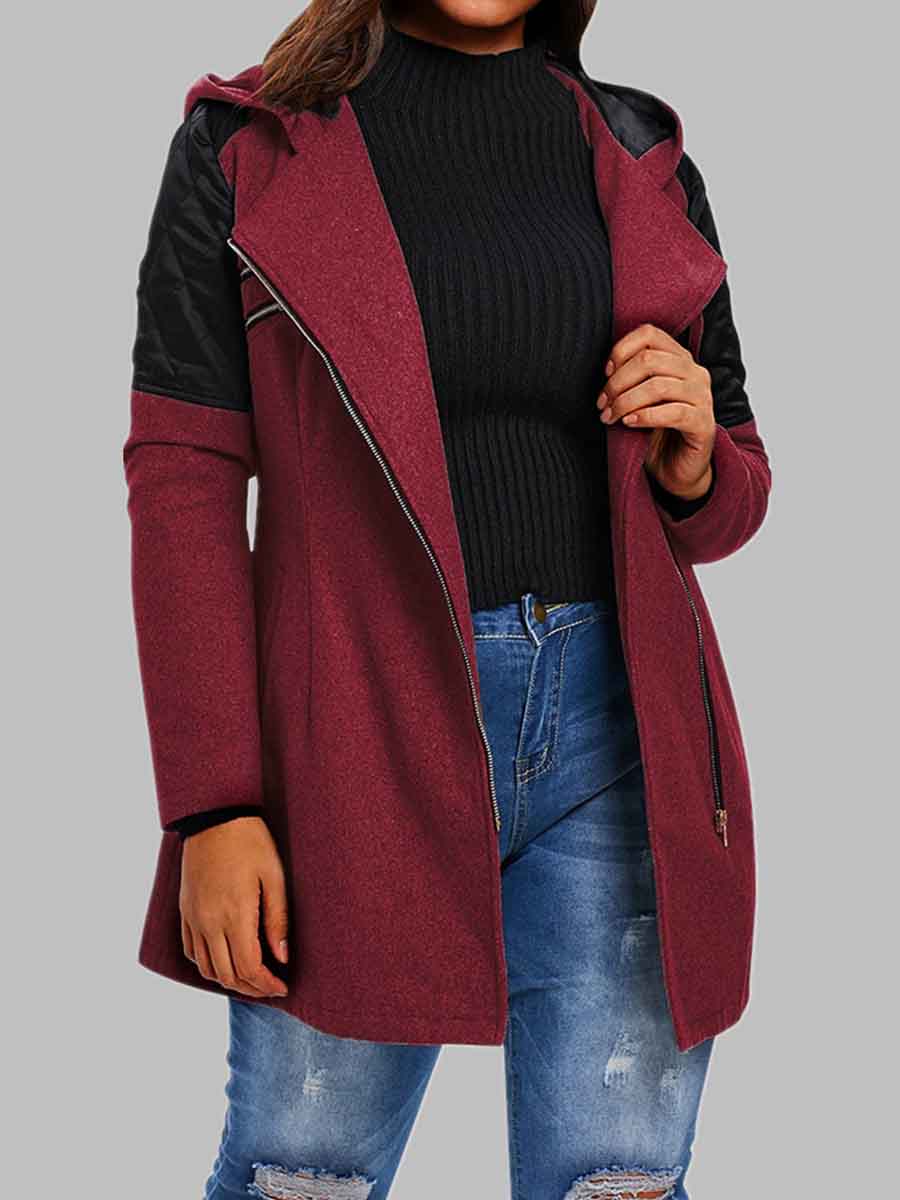 

lovely Casual Hooded Collar Patchwork Wine Red Wool