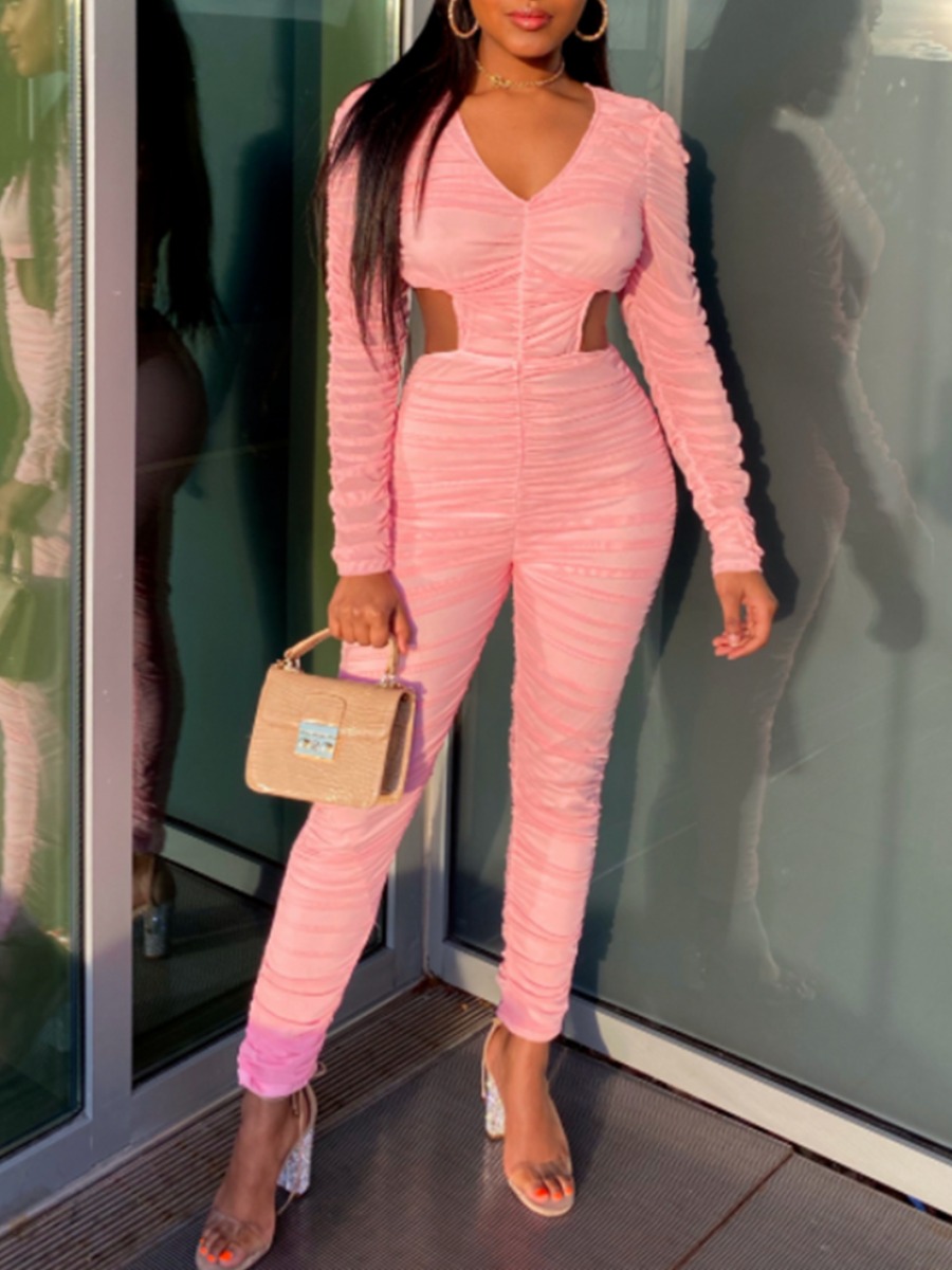

lovely Trendy Fold Design Hollow-out Pink One-piece Jumpsuit