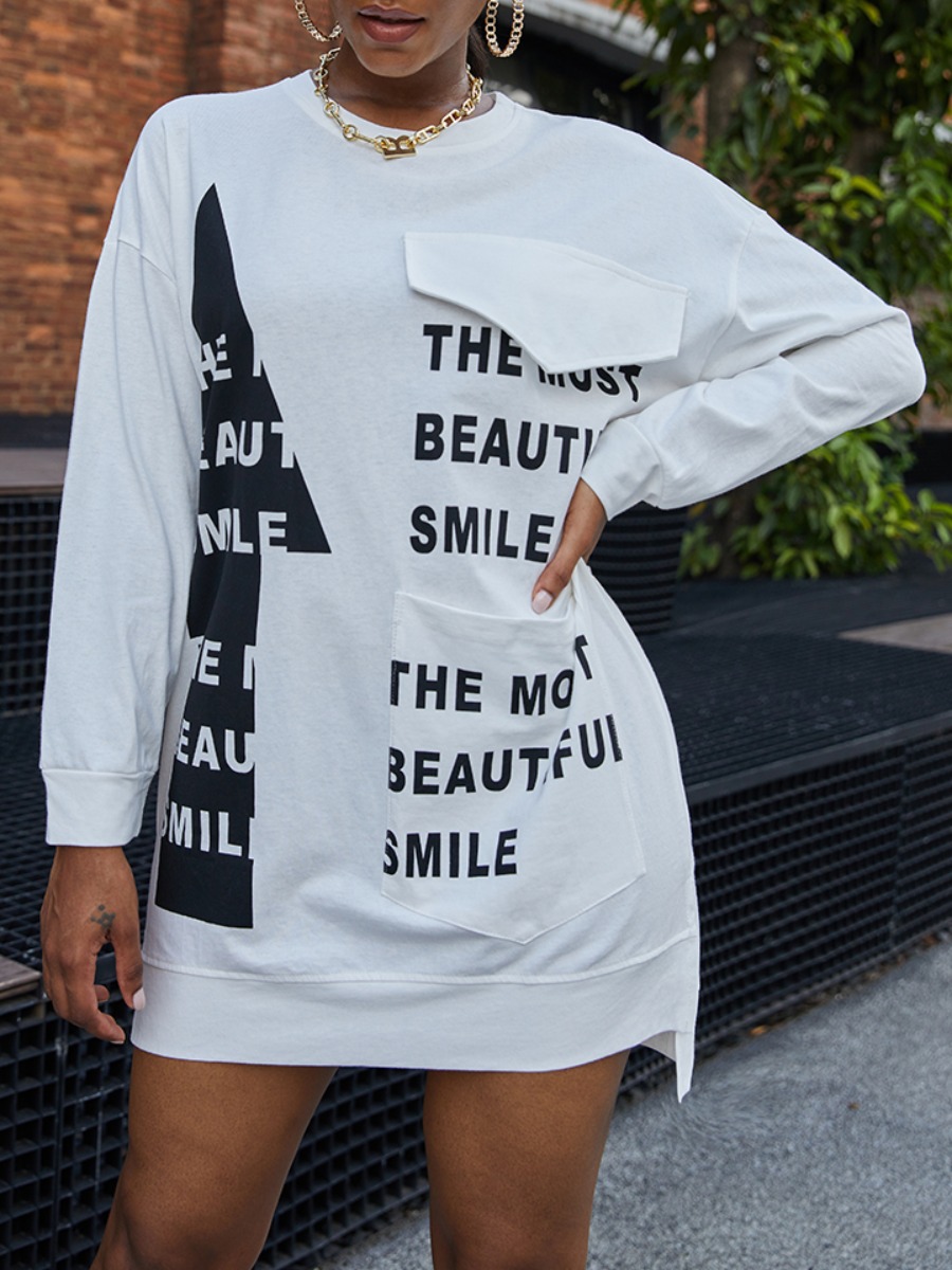 

lovely Sportswear O Neck Letter Print White Mini Dress