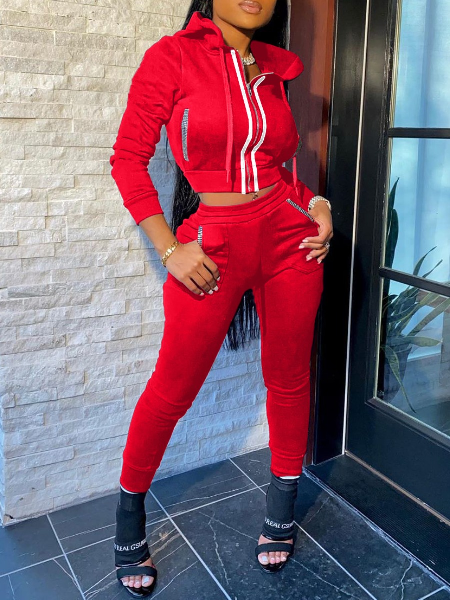 

lovely Sportswear Hooded Collar Zipper Design Red Two Piece Pants Set