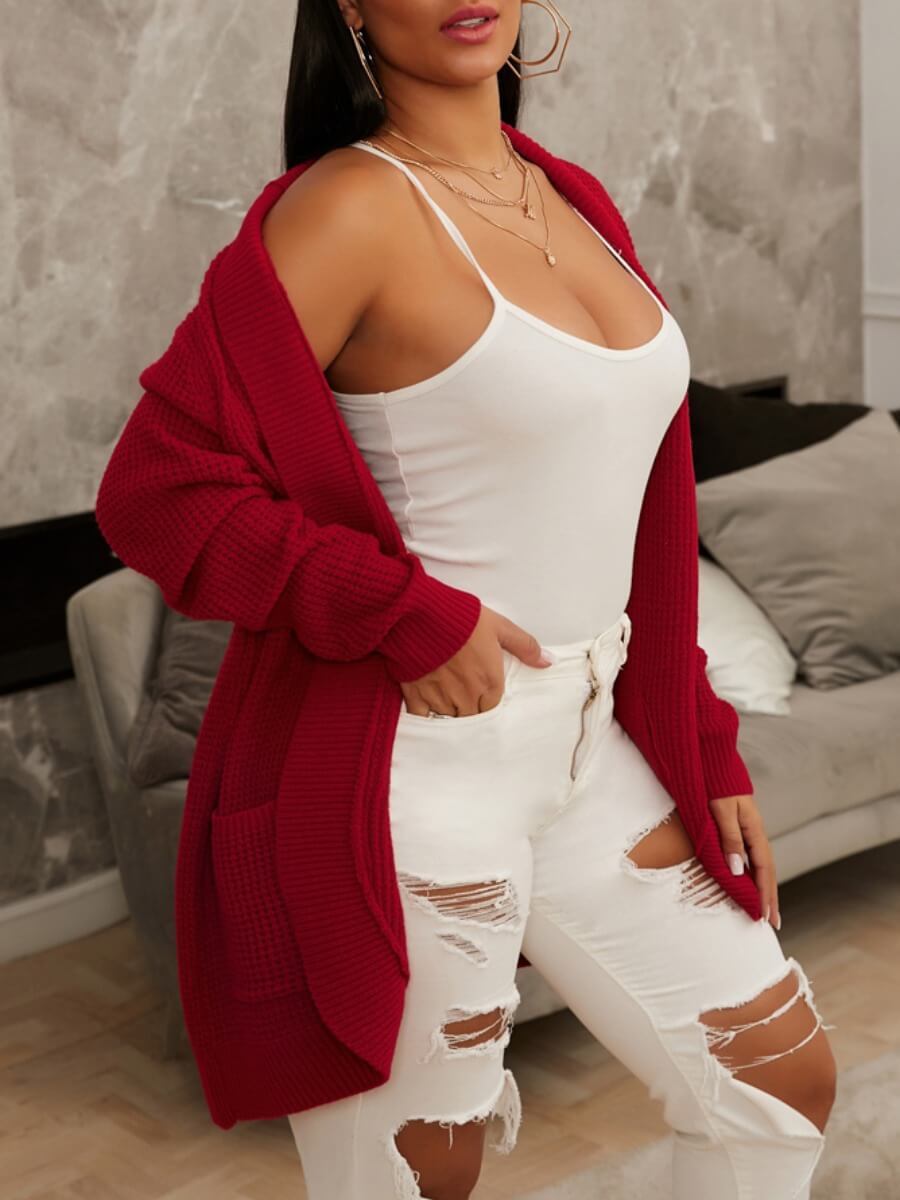 

Lovely Casual Pocket Patched Loose Wine Red Long Cardigan