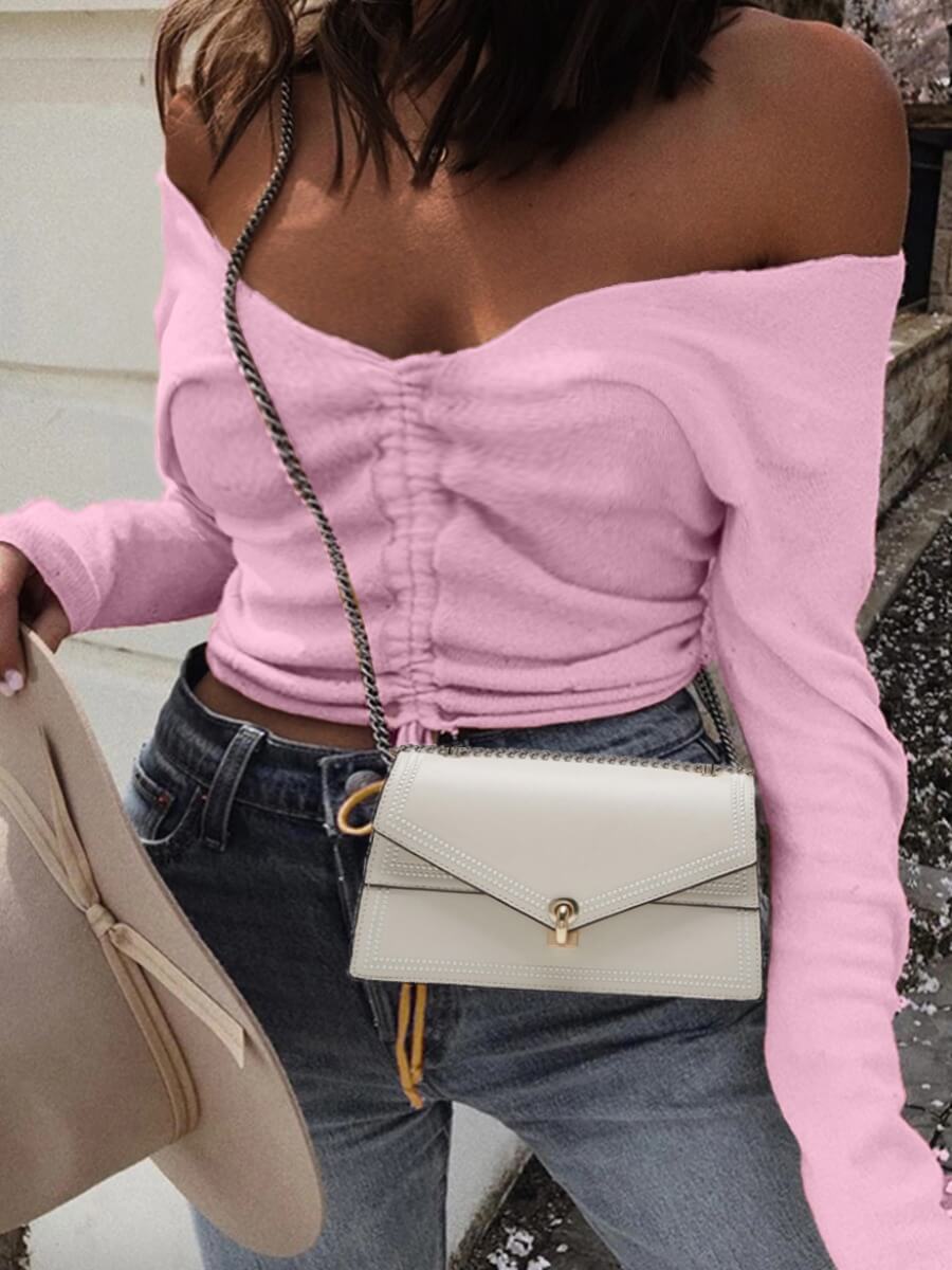 

Lovely Trendy V Neck Drawstring Pink Sweater