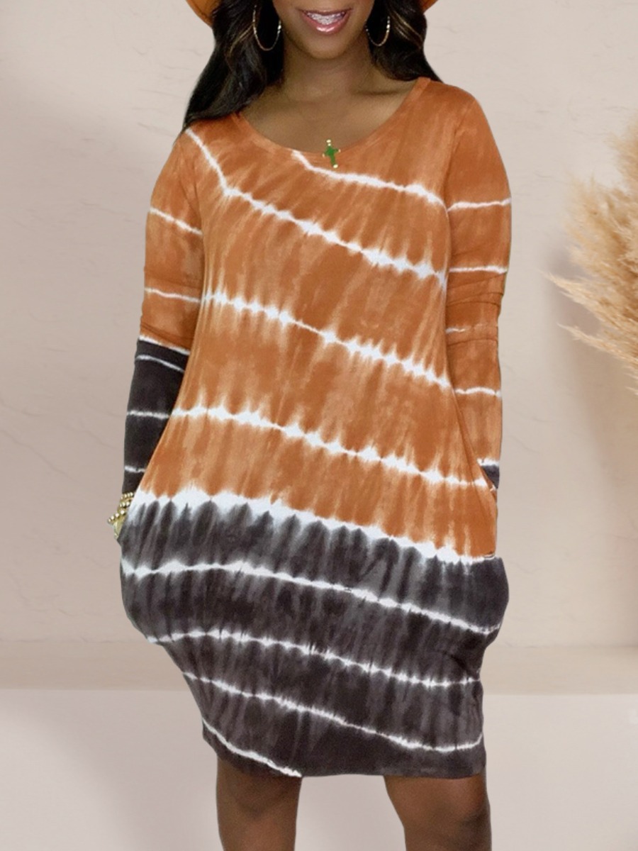 

lovely Casual O Neck Tie-dye Brown Knee Length Dress