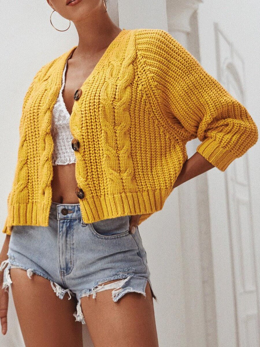 

Lovely Casual Buttons Design Yellow Cardigan