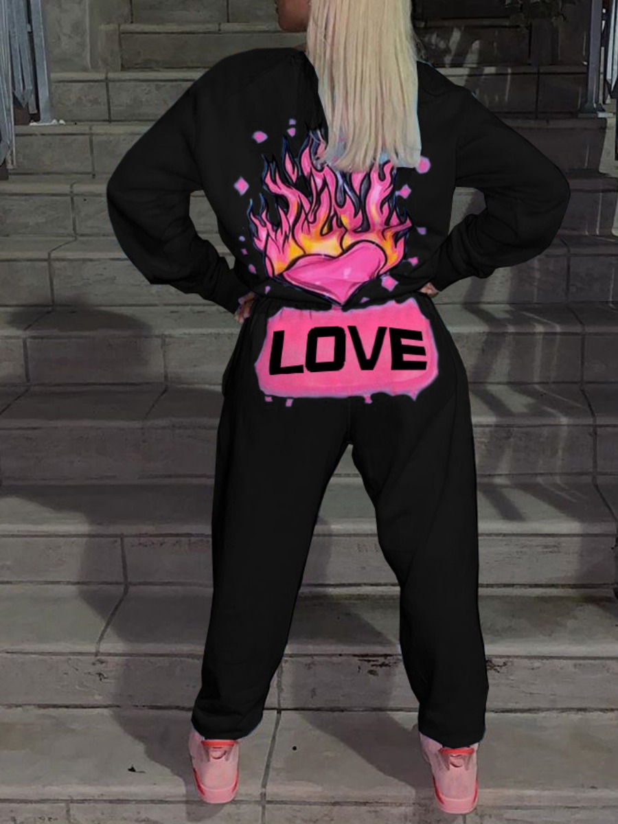 

LW Sweat Letter Heart Print Pullover Pants Set, Black