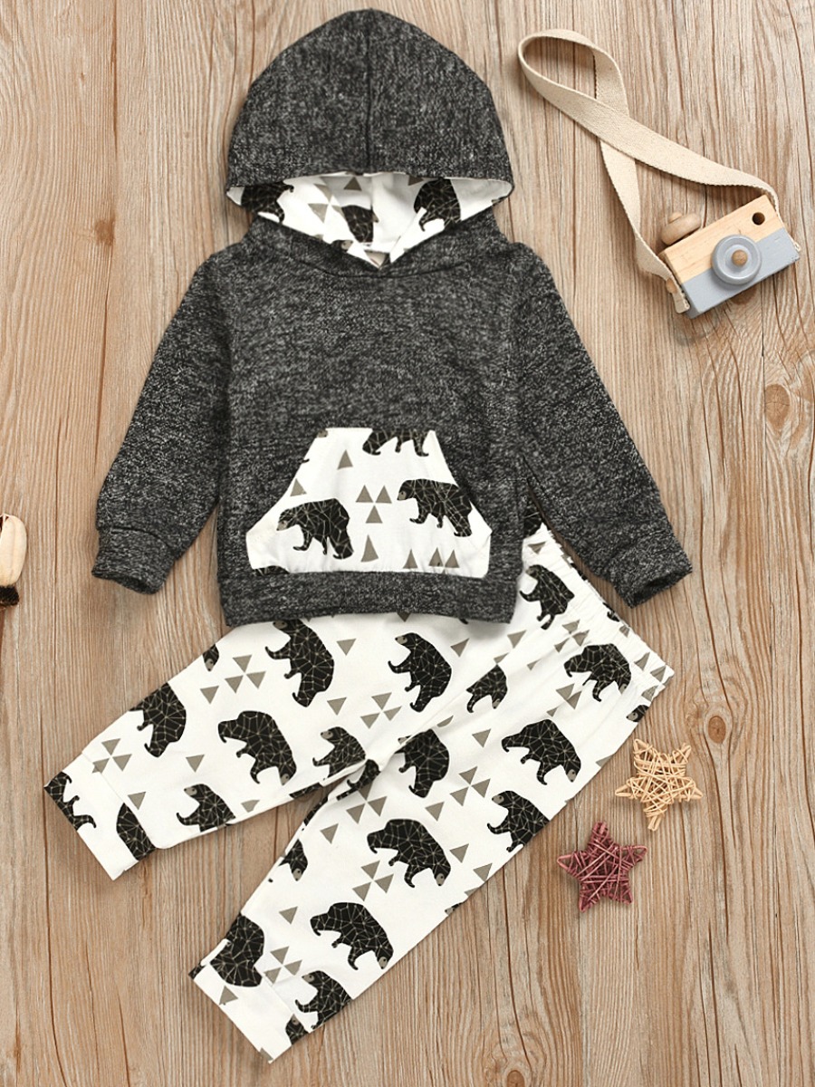 

lovely Leisure Hooded Collar Cartoon Print Grey Girl Two-piece Pants Set