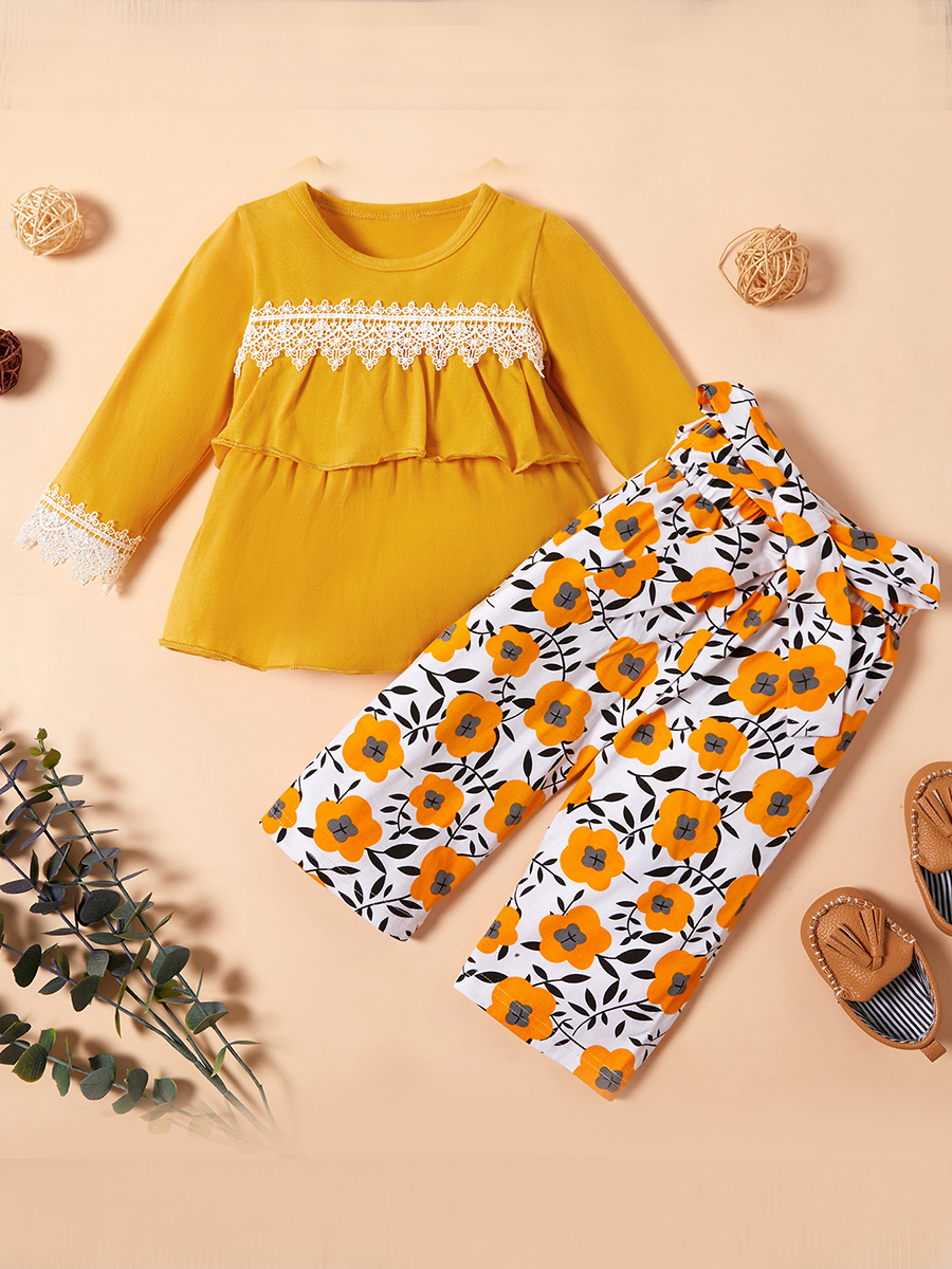 

lovely Sweet O Neck Plants Print Yellow Girl Two-piece Pants Set