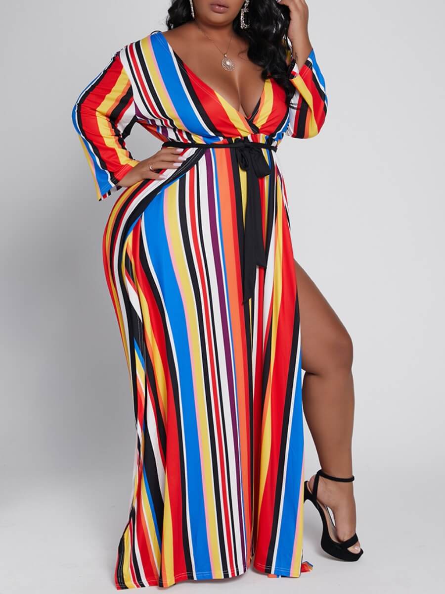 

Lovely Stylish V Neck Rainbow Striped Multicolor Maxi Plus Size Dress, Multi