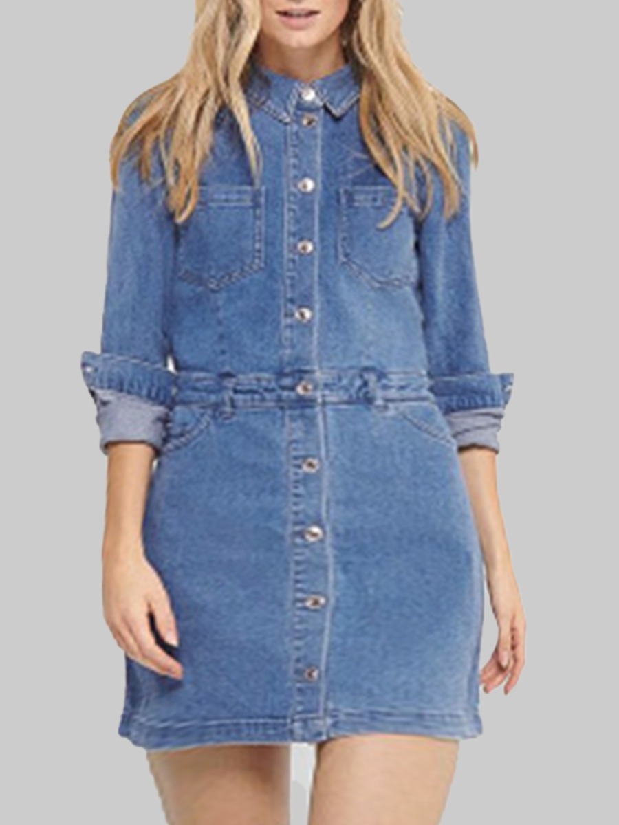 

lovely Stylish Turndown Collar Buttons Design Blue Mini Plus Size Denim Dress