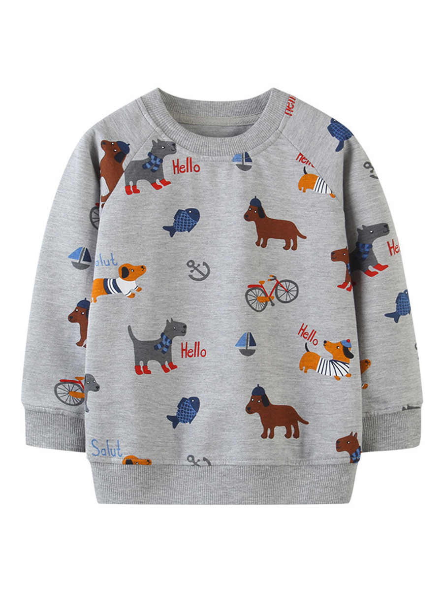 

Lovely Trendy O Neck Cartoon Print Light Grey Boy Hoodie