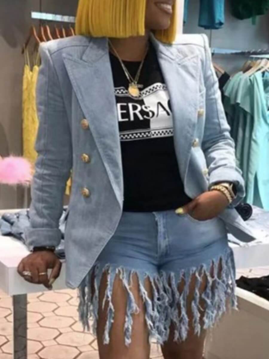 

Lovely Trendy Double-breasted Baby Blue Blazer