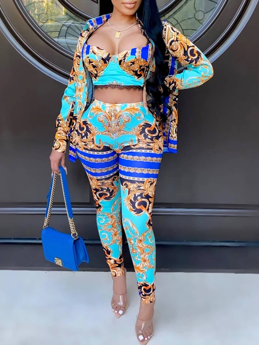 

LW Trendy Versace Print Skinny Blue Two Piece Pants Set