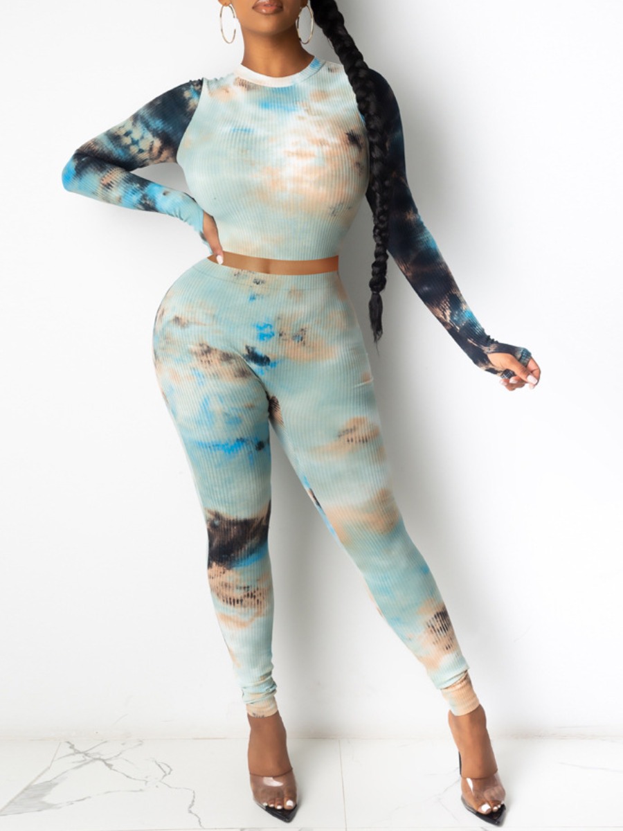 

Lovely Trendy O Neck Tie Dye Blue Two Piece Pants Set