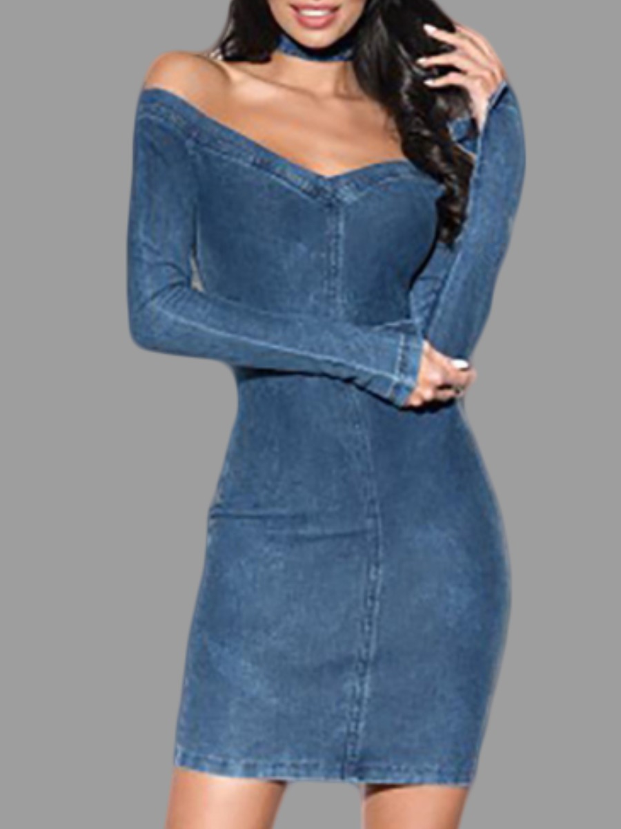 

lovely Sexy Dew Shoulder Skinny Blue Denim Dress