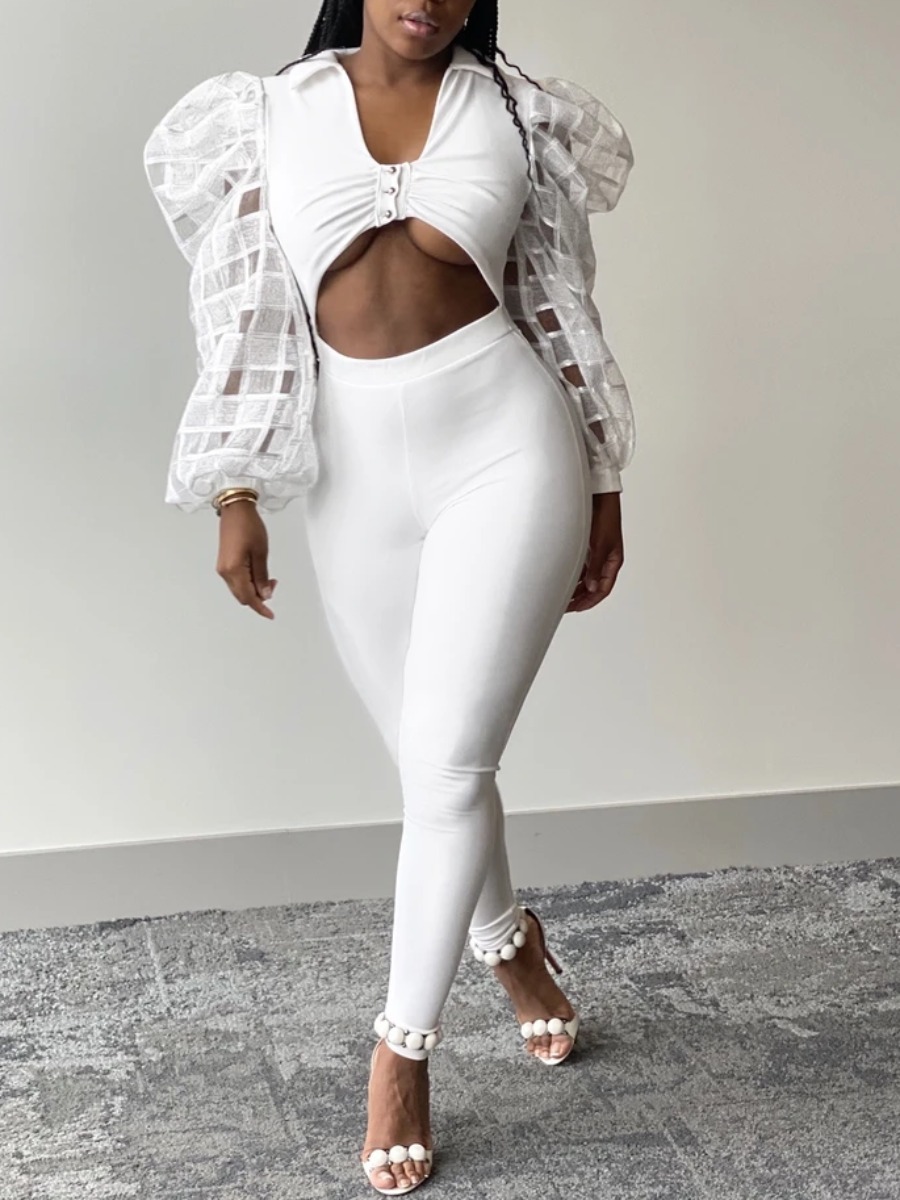 

lovely Trendy Hollow-out Patchwork White One-piece Jumpsuit