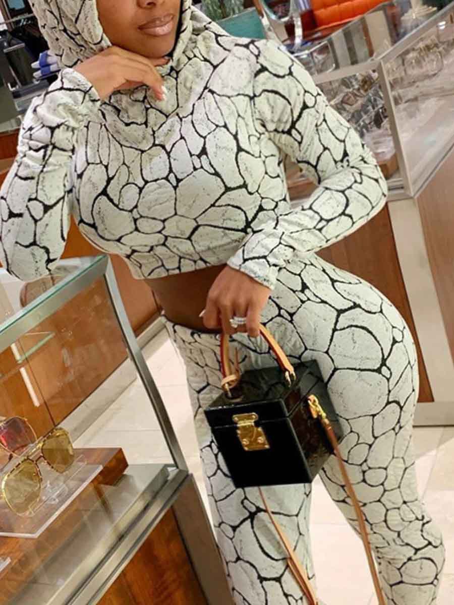 

Lovely Sportswear Hooded Collar Print White Two Piece Pants Set