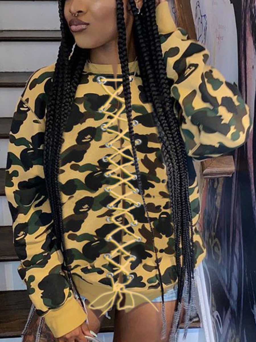 

Lovely Casual O Neck Camo Print Bandage Design Army Green Hoodie, Army green camouflag